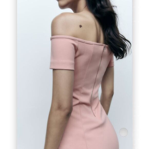 Zara Top Stitched Pale Pink Off The Shoulder Midi Dress US XS BNWT - Picture 6 of 11